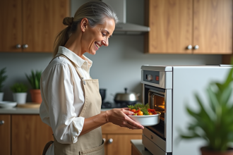 Femme en cuisine moderne plaçant un plat de légumes vapeur