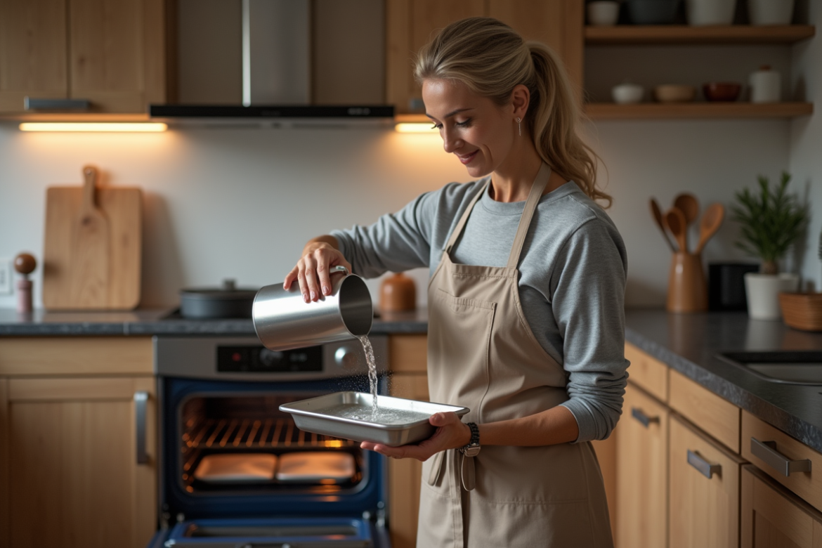 Femme versant de l'eau dans un four moderne à la maison