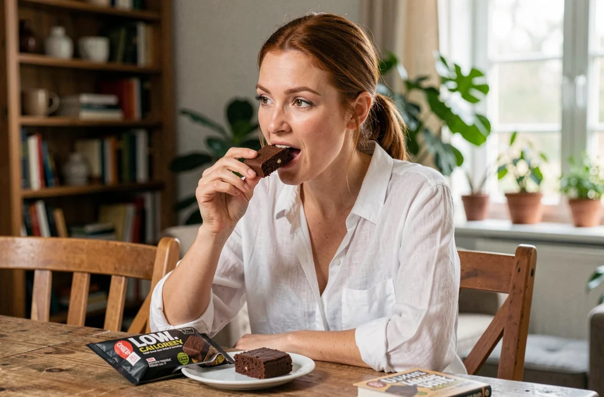 Jeune femme goûtant un gâteau industriel peu calorique au chocolat avec une expression critique et attentive