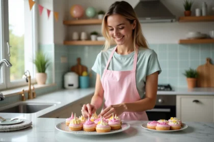 Femme arrangeant des desserts en forme de licorne dans la cuisine