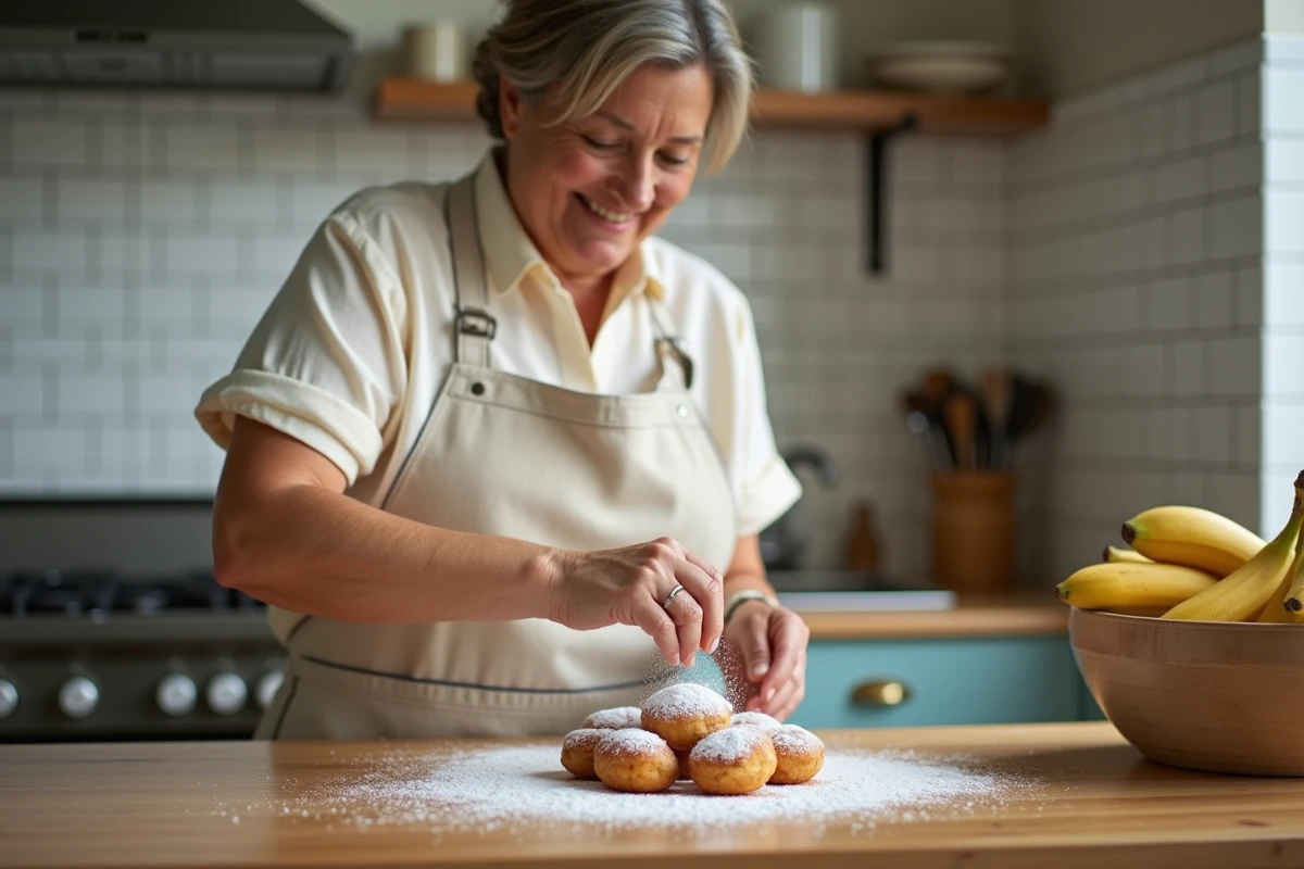 Femme souriante saupoudrant des beignets de banane avec sucre