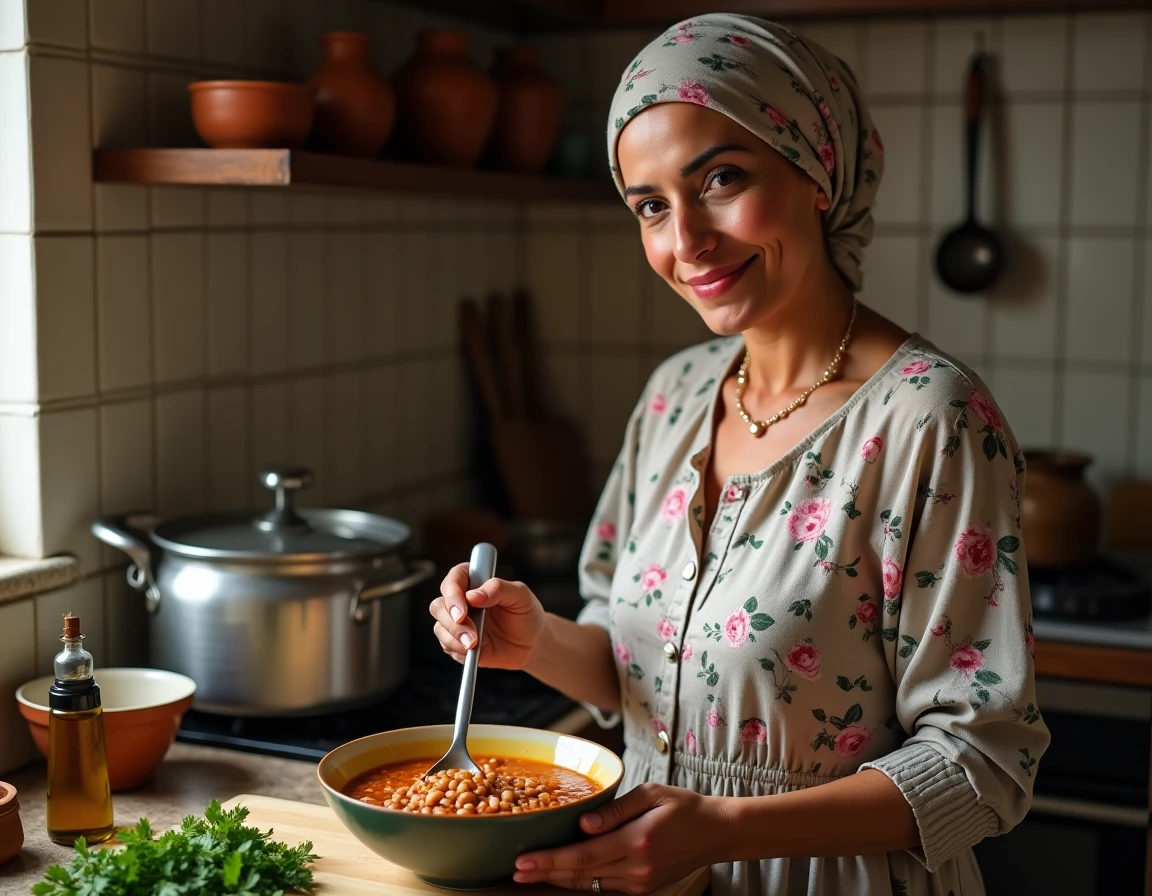 Femme égyptienne préparant la soupe de lentilles dans une cuisine traditionnelle du Caire pendant le Ramadan