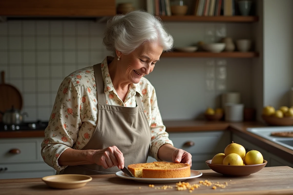 Femme âgée souriante coupe un gâteau aux poires dans la cuisine
