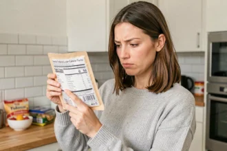 Femme analysant l'étiquette nutritionnelle d'un gâteau industriel peu calorique dans une cuisine moderne