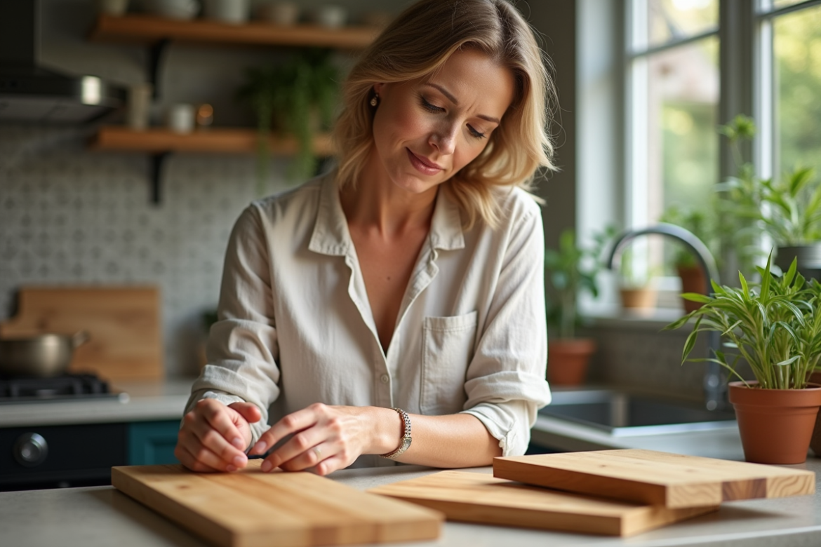 Femme examinant des planches en bois dans une cuisine lumineuse