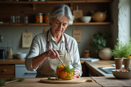Femme en lin préparant des légumes fermentés dans la cuisine
