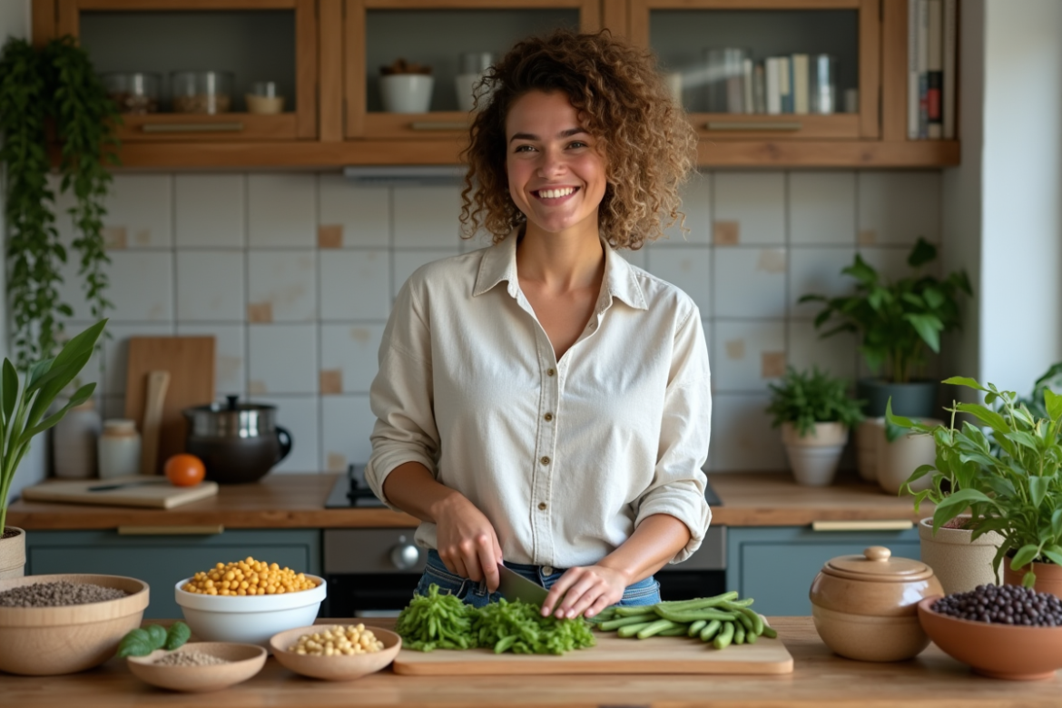 Jeune femme préparant des légumes riches en protéines dans une cuisine chaleureuse