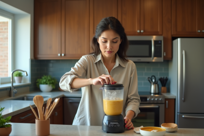Femme soulevant le couvercle d'un blender avec soupe chaude