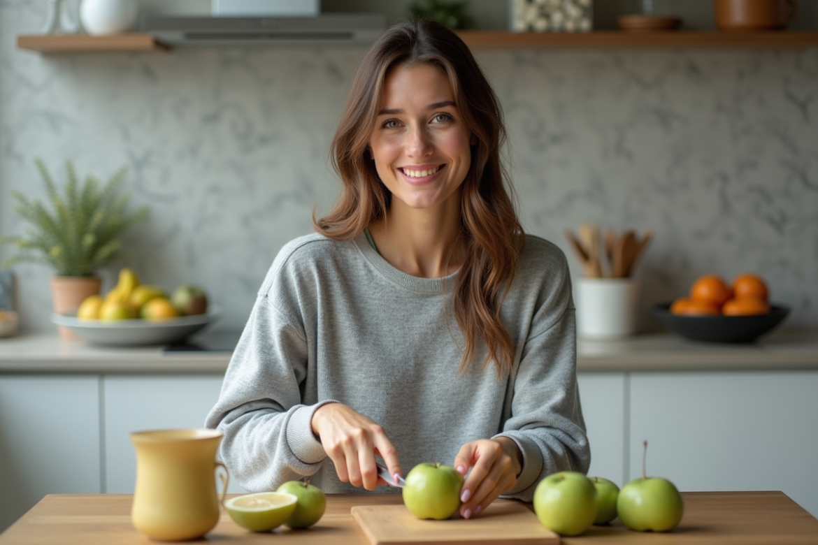 Femme en cuisine coupant une pomme verte avec concentration
