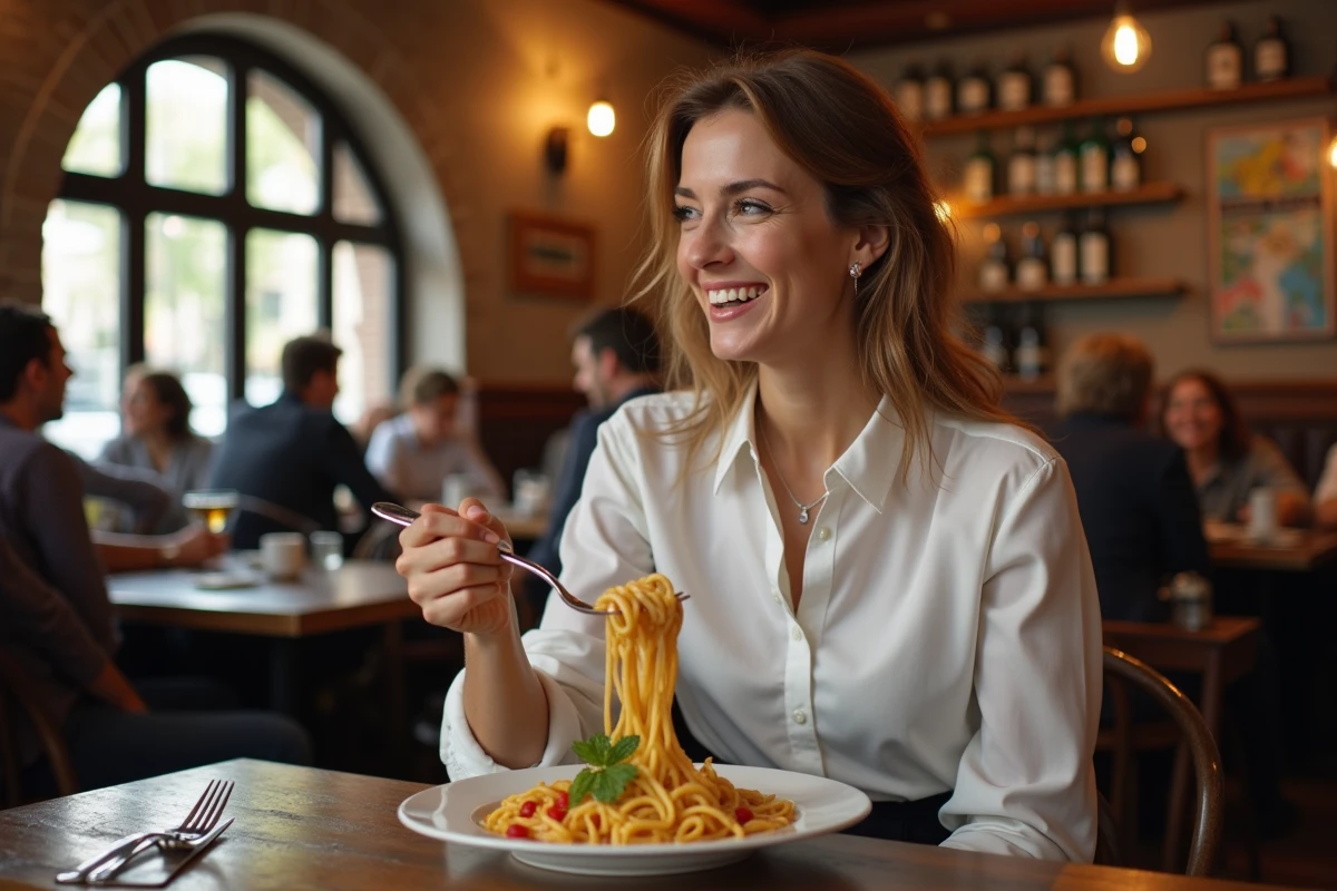 Femme souriante dégustant des pâtes dans un restaurant italien