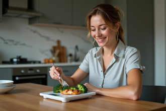 Femme souriante mesurant un repas sain à la cuisine