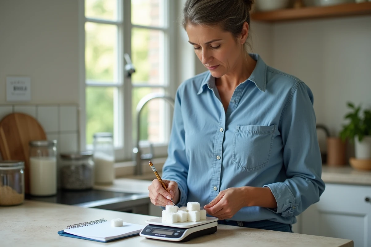 Femme mesurant des cubes de sucre dans une cuisine lumineuse