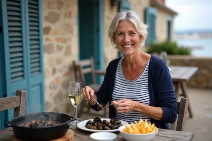 Femme souriante dégustant des moules marinières en terrasse