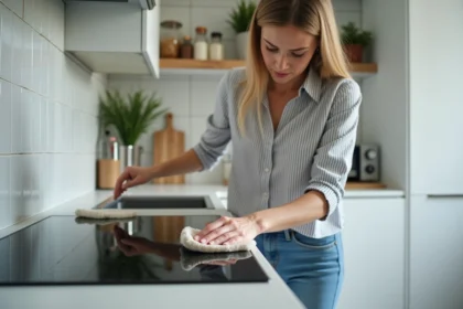 Femme nettoyant un plaque de cuisson en cuisine moderne