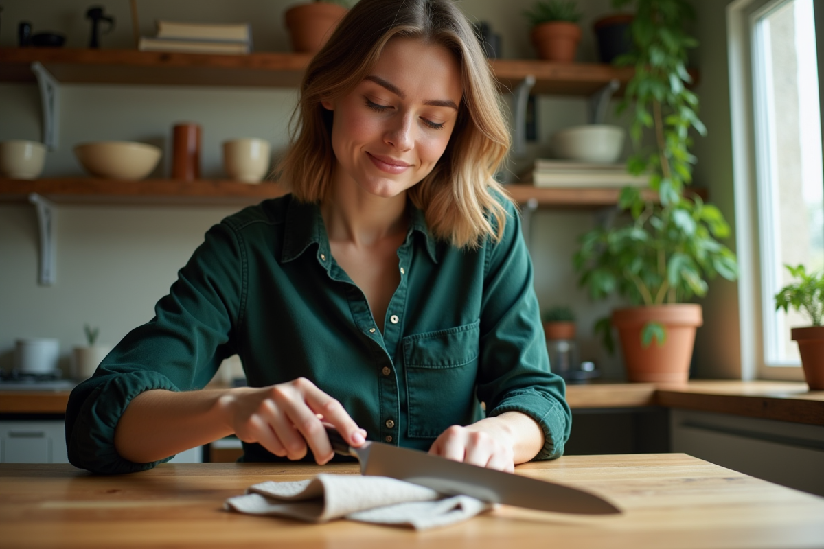 Femme en flanelle vert nettoyant un couteau santoku dans la salle à manger