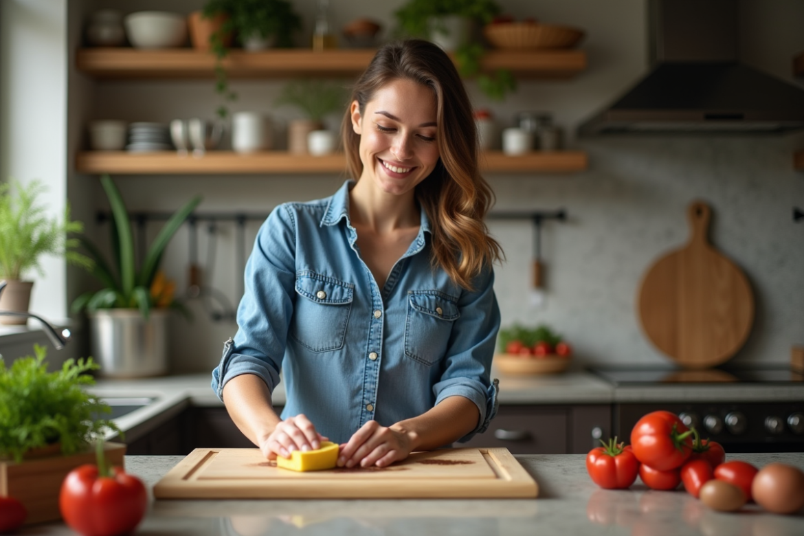 Jeune femme en denim nettoyant une planche en bois dans la cuisine