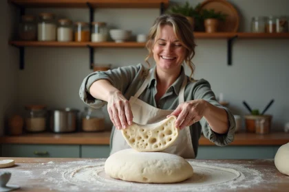 Femme avec mains farinées étirant pâte à pain rustique