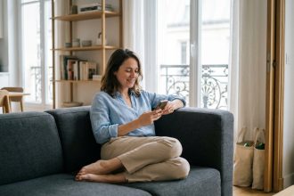 Jeune femme parisienne souriante sur un sofa moderne