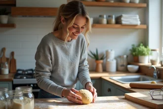 Femme souriante façonnant une pâte à biscuits maison dans la cuisine