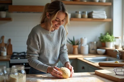 Femme souriante façonnant une pâte à biscuits maison dans la cuisine