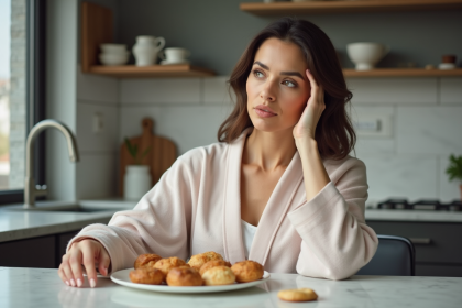 Femme en robe coton calme devant petit déjeuner sain