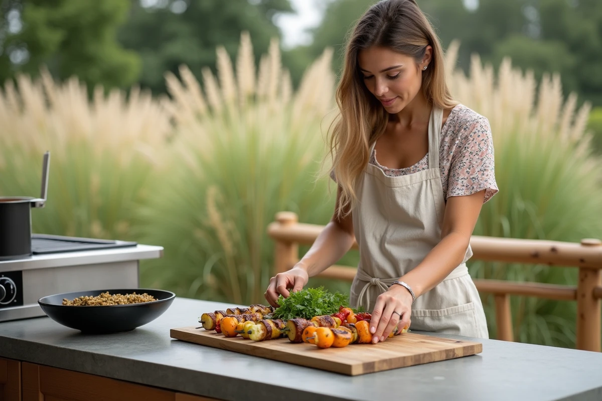 Femme arrangeant des brochettes de légumes grillés et une salade de taboulé au quinoa comme accompagnements pour un barbecue estival