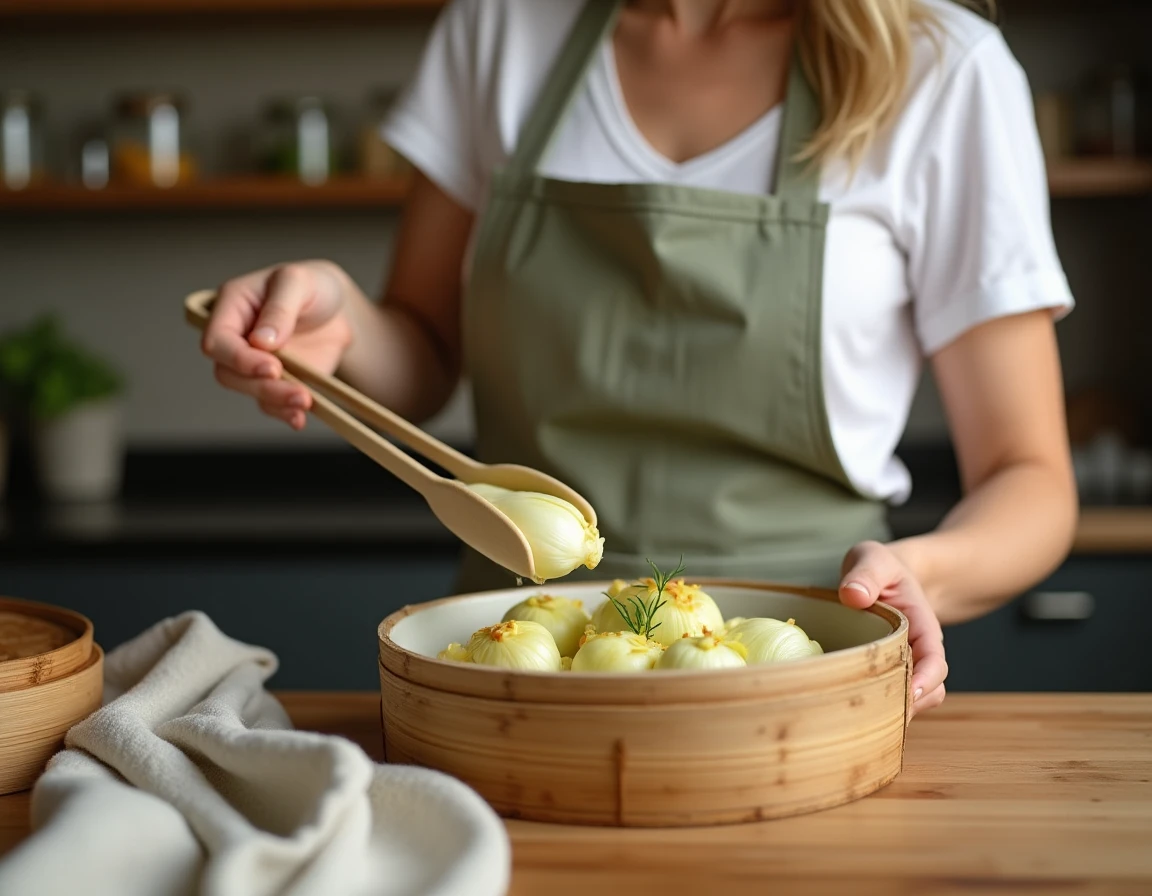 Femme préparant des endives cuites à la vapeur dans sa cuisine du quotidien pour un accompagnement rapide en semaine