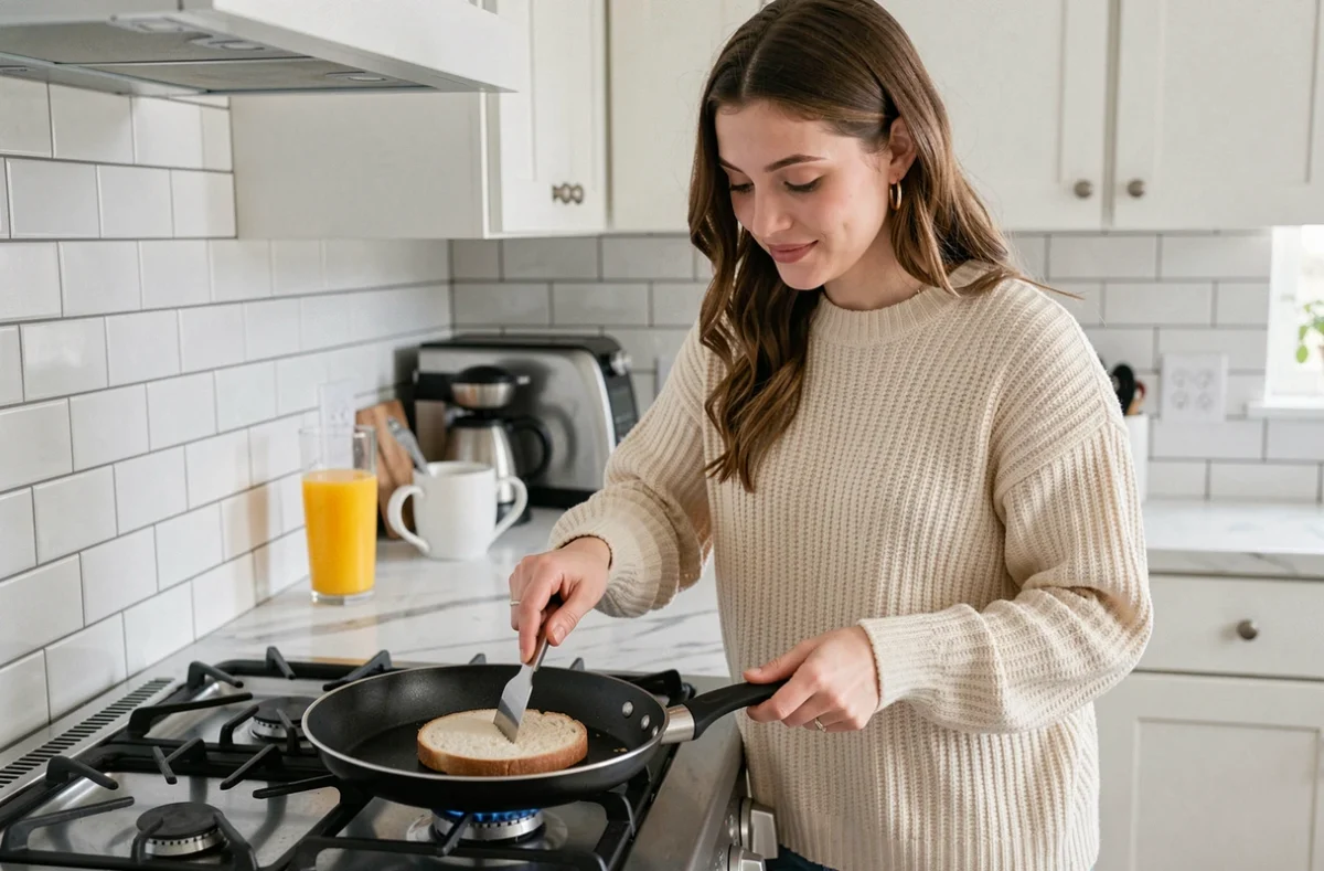 Jeune femme préparant des pains à la poêle rapides le matin dans une cuisine moderne et lumineuse