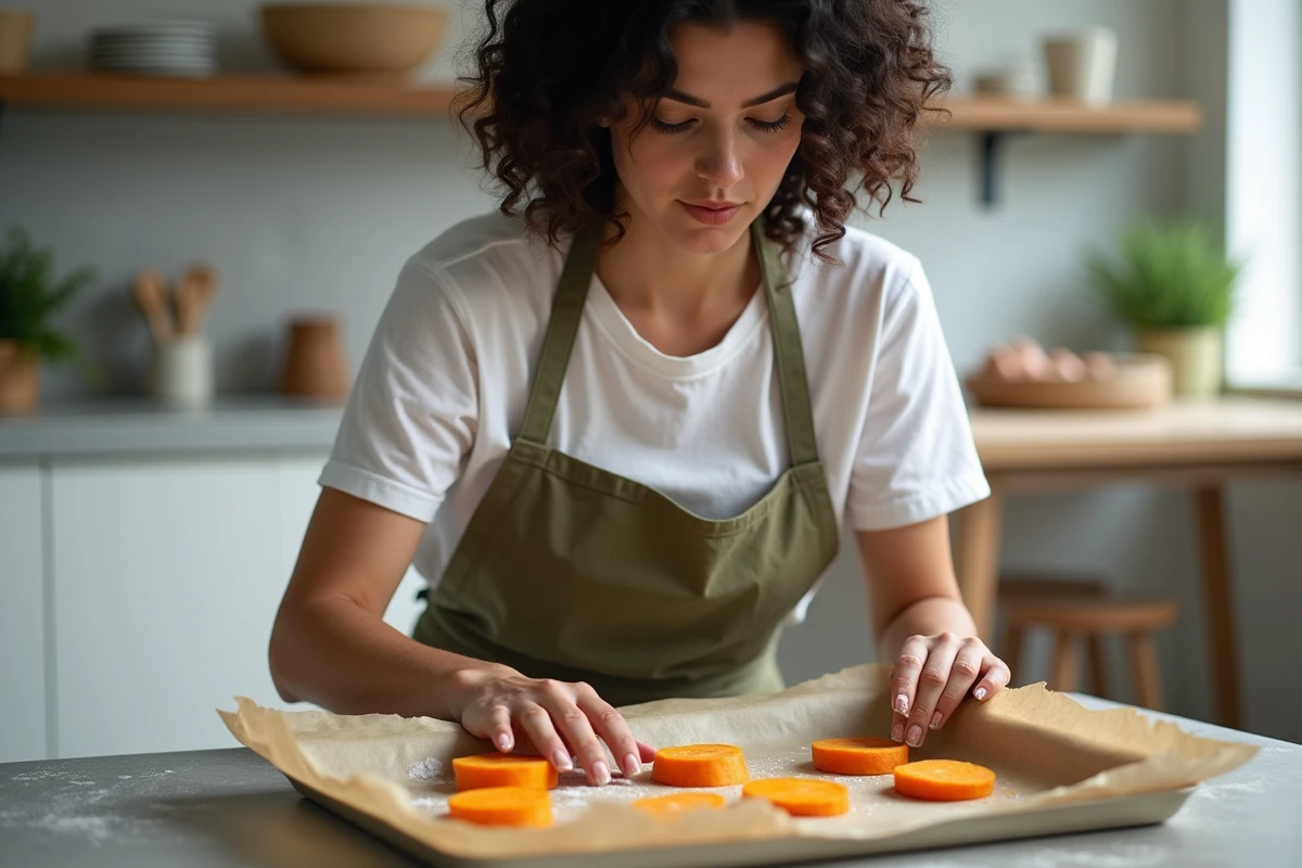 Femme préparant des rondelles de patate douce sur une plaque de cuisson pour un apéritif rapide et facile