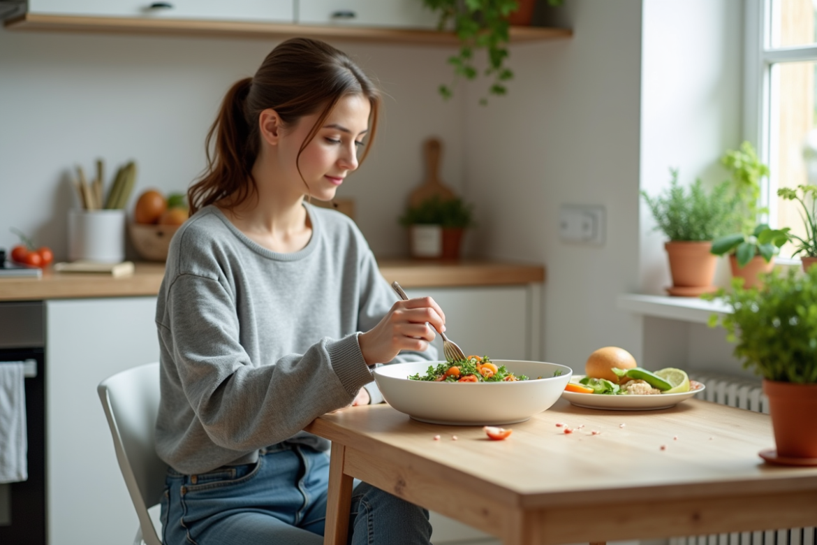 Femme en cuisine préparant une salade colorée