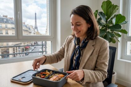 Femme professionnelle ouvrant un plateau repas élégant au bureau
