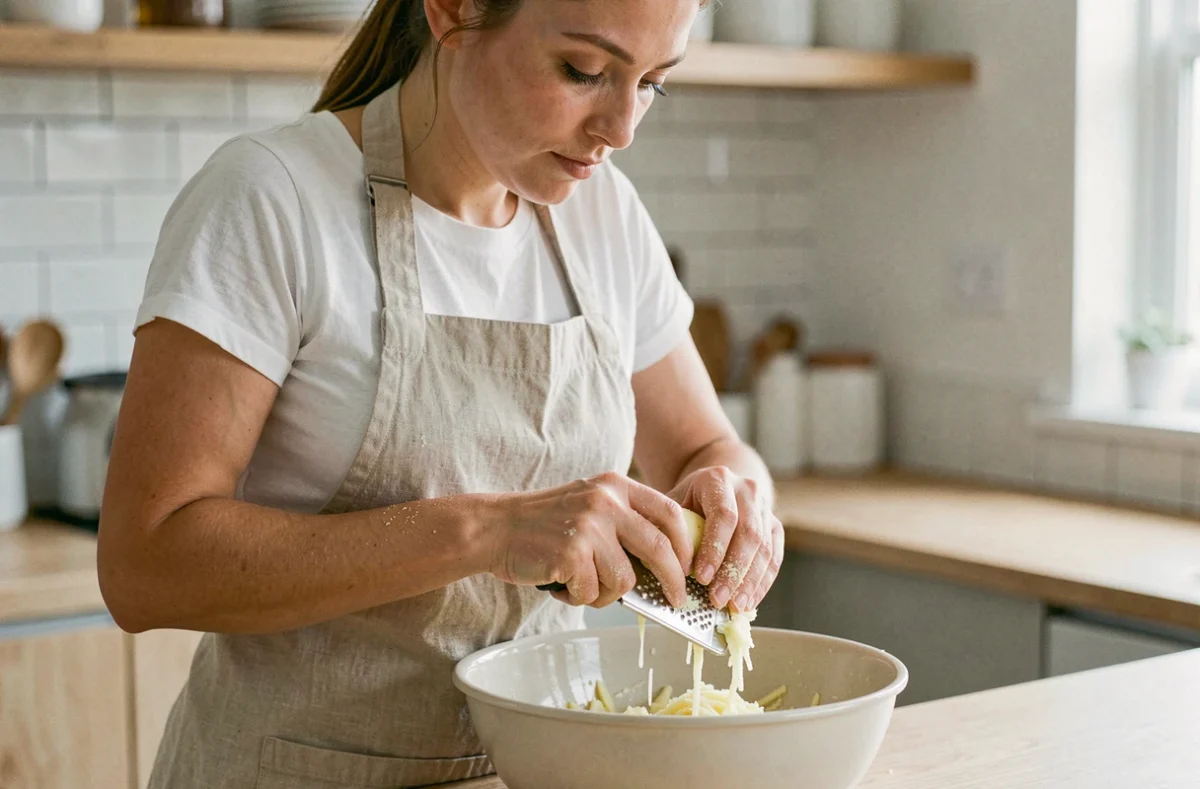 Jeune femme râpant des pommes de terre avec une râpe en inox dans un bol en céramique, étape clé de la recette du râpé de pommes de terre
