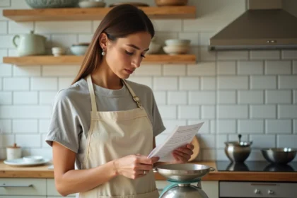 Femme consultant une recette avec une balance de cuisine pour convertir grammes en centilitres