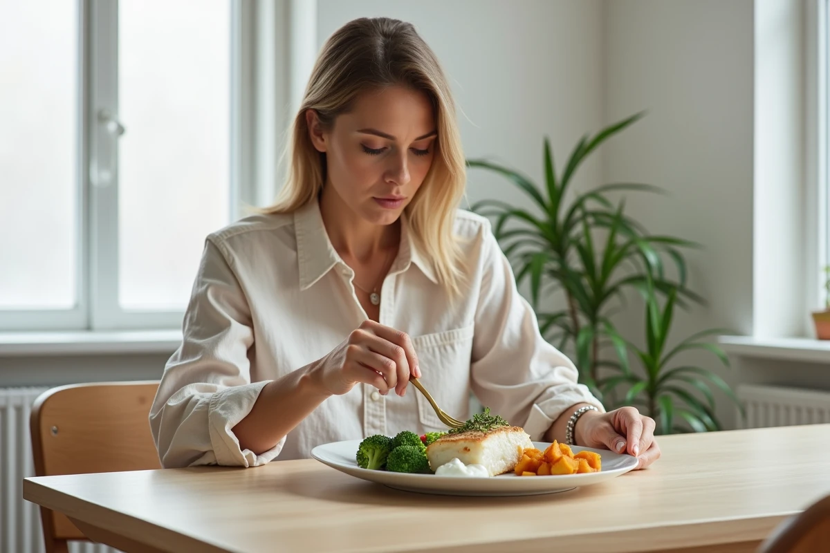 Femme savourant un repas de poisson blanc poché avec brocoli, patate douce rôtie et sauce yaourt aux herbes