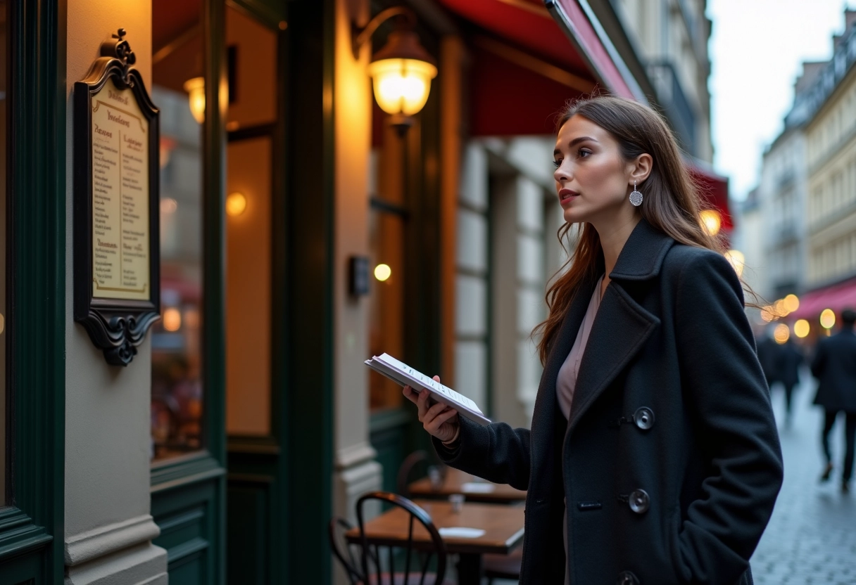 Jeune femme chic regardant le menu devant un restaurant à Lille