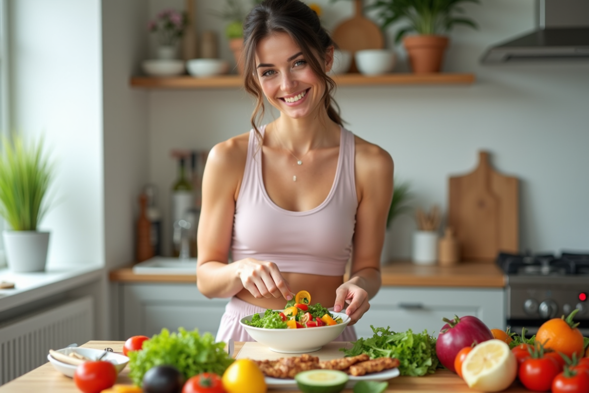 Femme souriante préparant une salade colorée dans une cuisine lumineuse