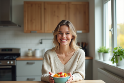 Jeune femme souriante avec salade de fruits dans une cuisine lumineuse