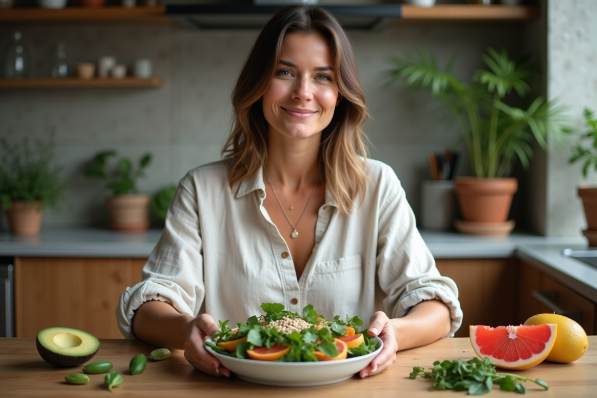Femme préparant une salade detox dans la cuisine