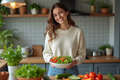 Jeune femme souriante préparant une salade dans la cuisine