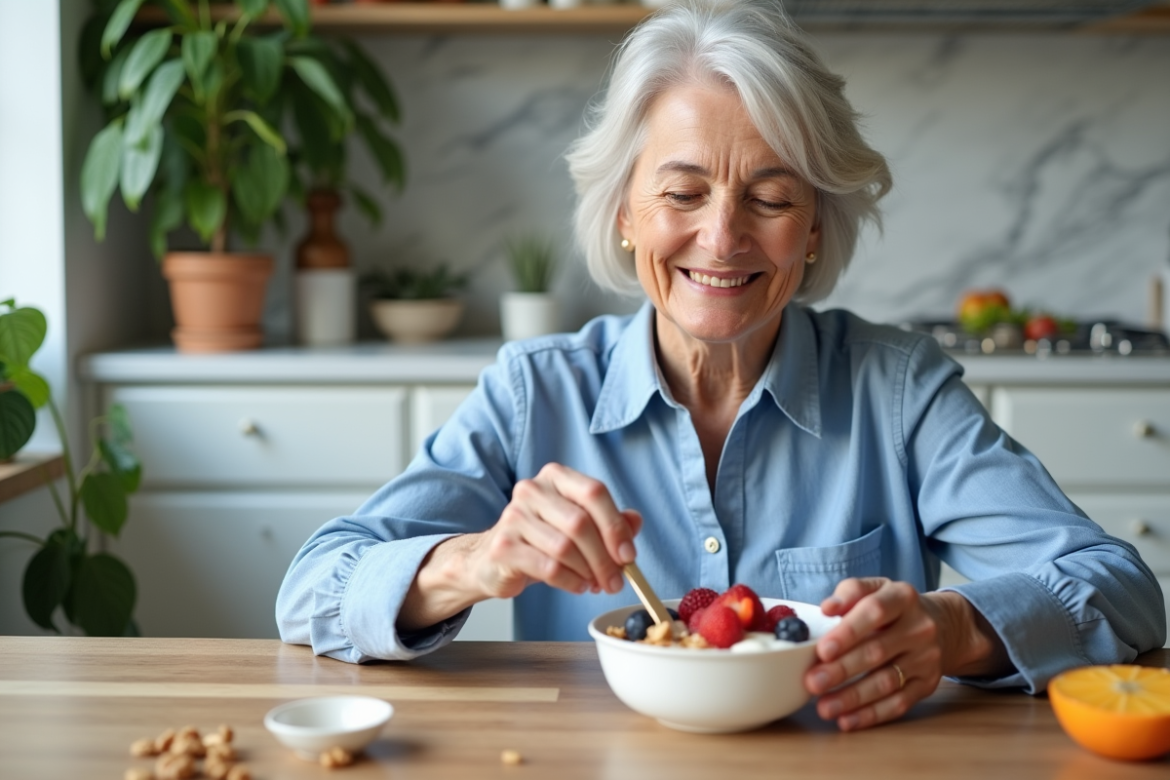 Femme souriante préparant un bol de yogourt aux fruits