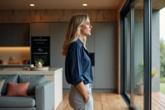 Femme élégante près d'une porte coulissante moderne