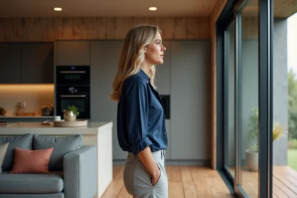 Femme élégante près d'une porte coulissante moderne