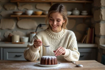 Femme saupoudrant du sucre sur un fondant au chocolat