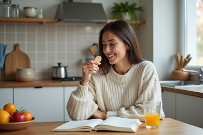 Femme souriante avec biscuit et journal alimentaire