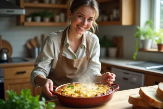 Femme souriante servant un gratin de zucchini chaud à la maison