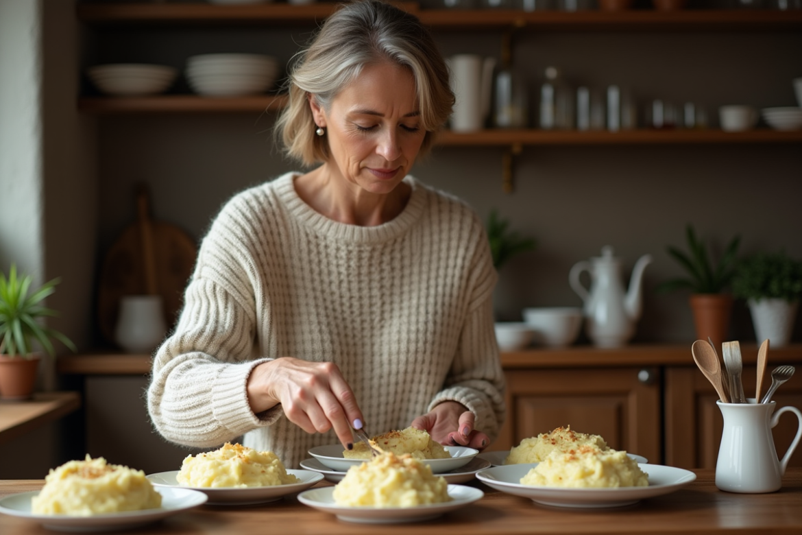 Femme en pull cosy servant des portions de purée