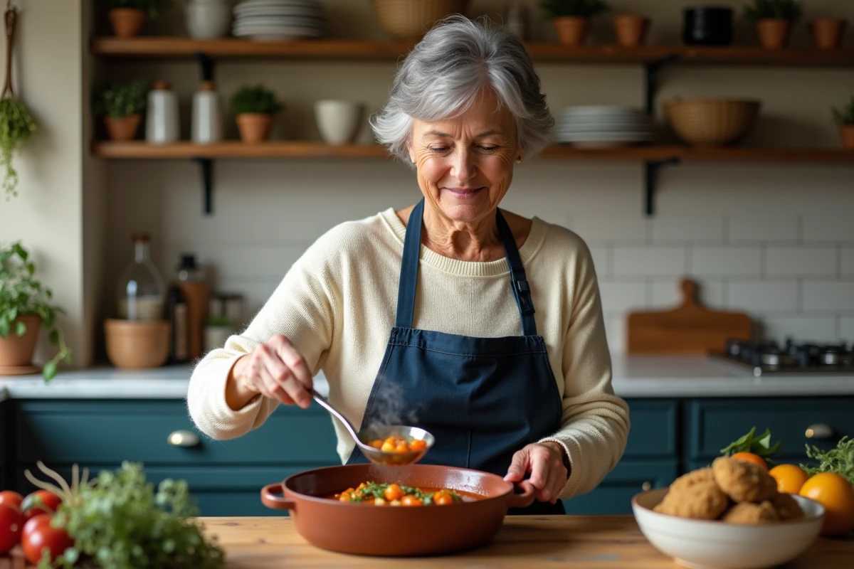 Femme en tablier servant une potée fumante dans des bols en céramique rustique dans une cuisine chaleureuse avec des herbes séchées en arrière-plan