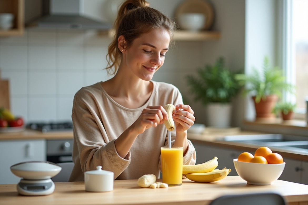 Femme préparant un smoothie à la banane dans la cuisine