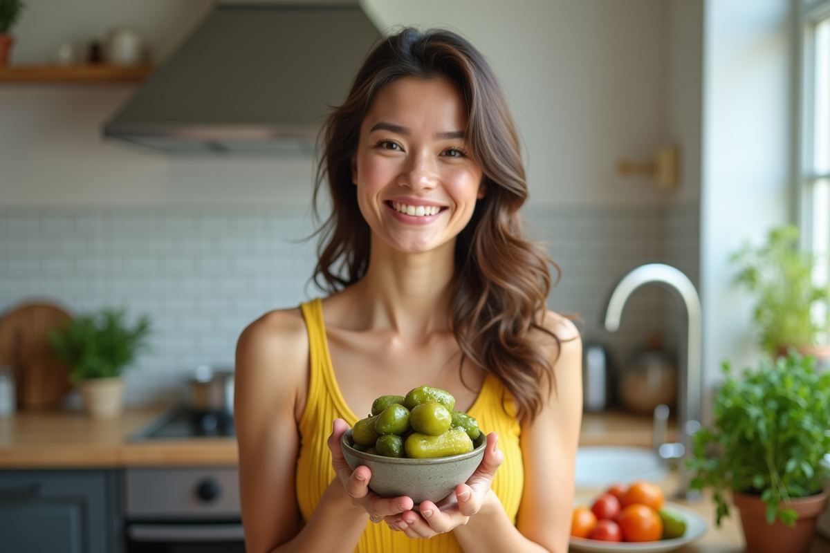 Femme souriante tenant un bol de pickles fermentés dans une cuisine lumineuse