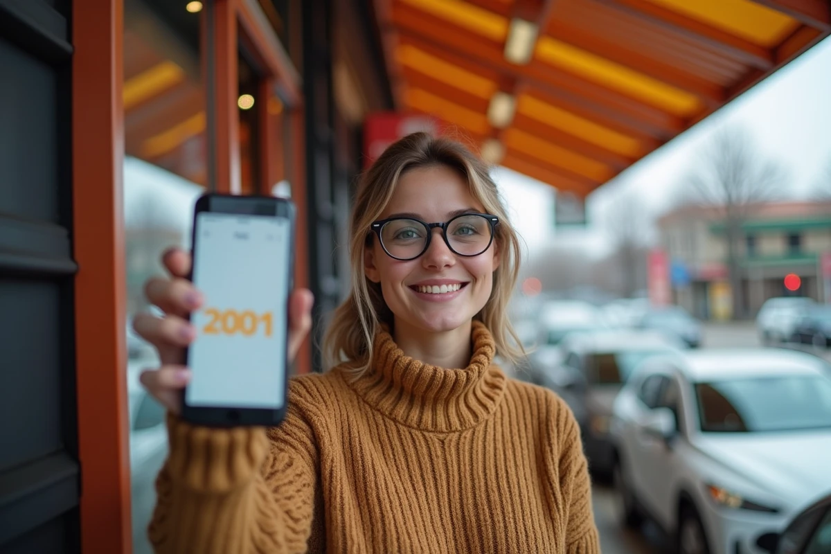 Femme souriante tenant son téléphone avec une application mobile